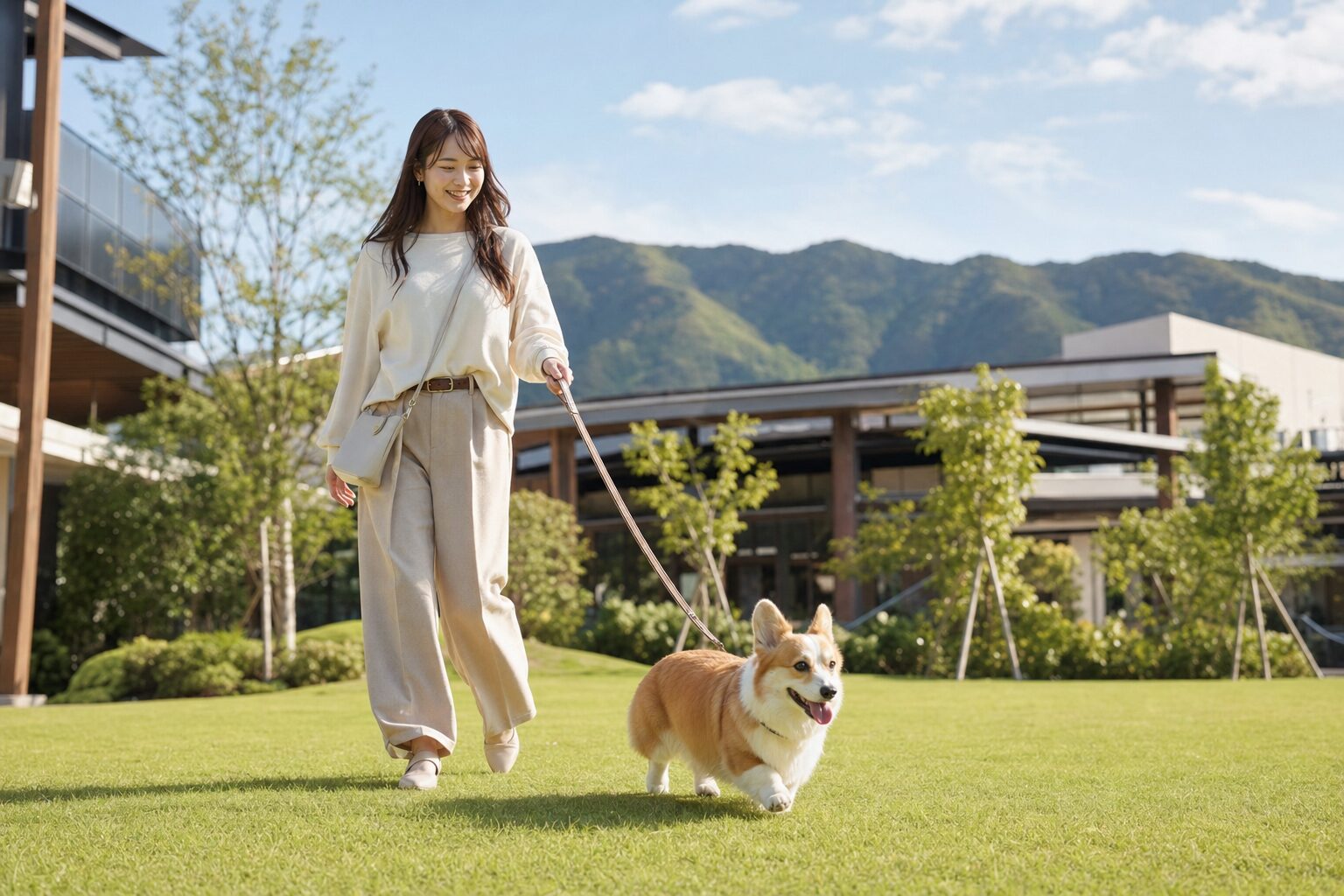晴れた日に緑の芝生でコーギーと歩く日本人女性