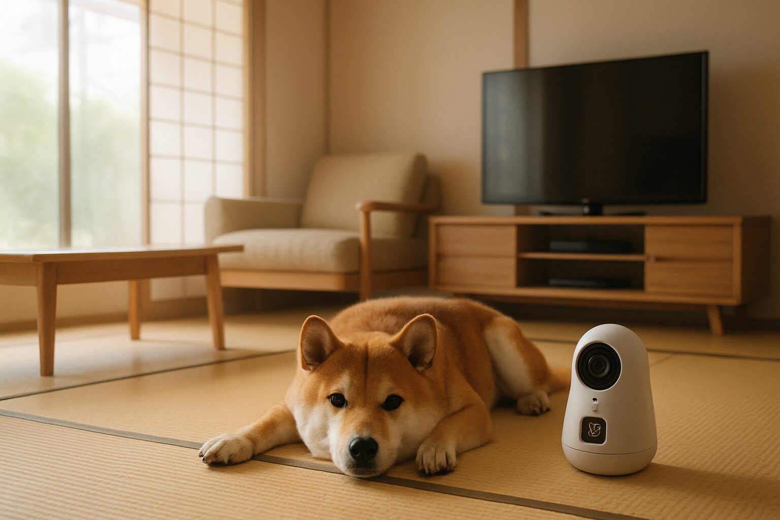 夏の室内でくつろぐ犬と温湿度センサー付き見守りカメラ