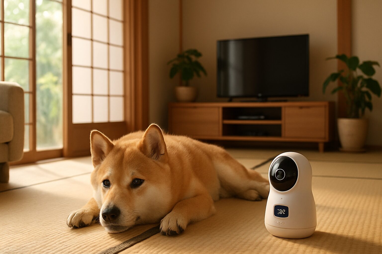 夏の室内でくつろぐ犬と温湿度センサー付き見守りカメラ