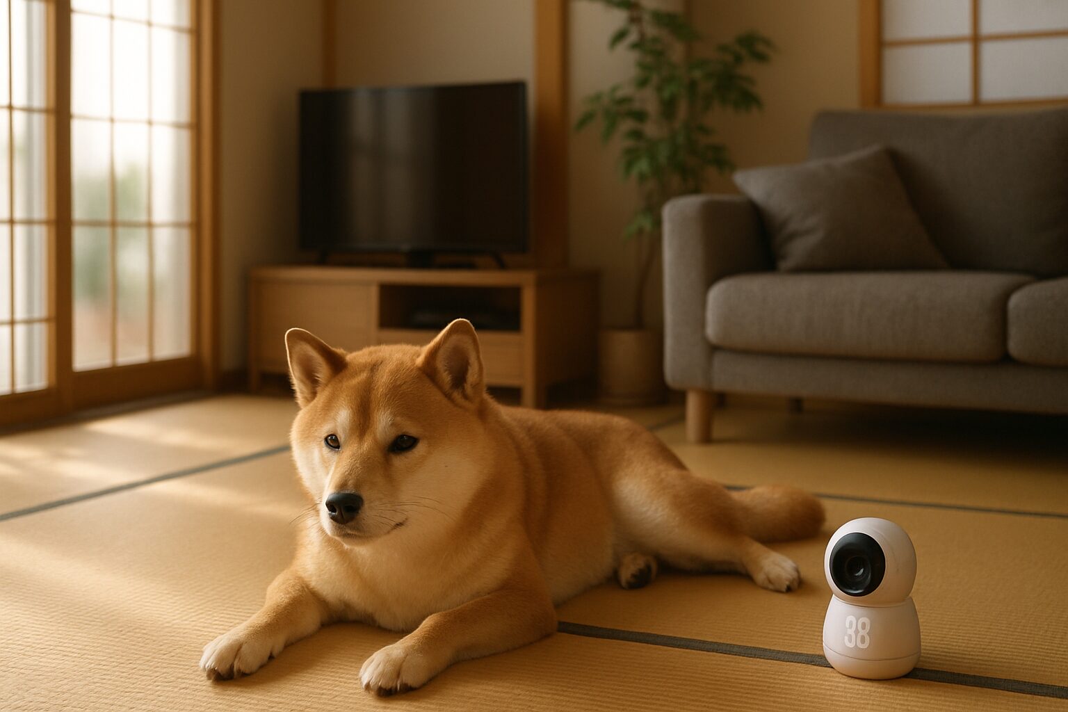 夏の室内でくつろぐ犬と温湿度センサー付き見守りカメラ