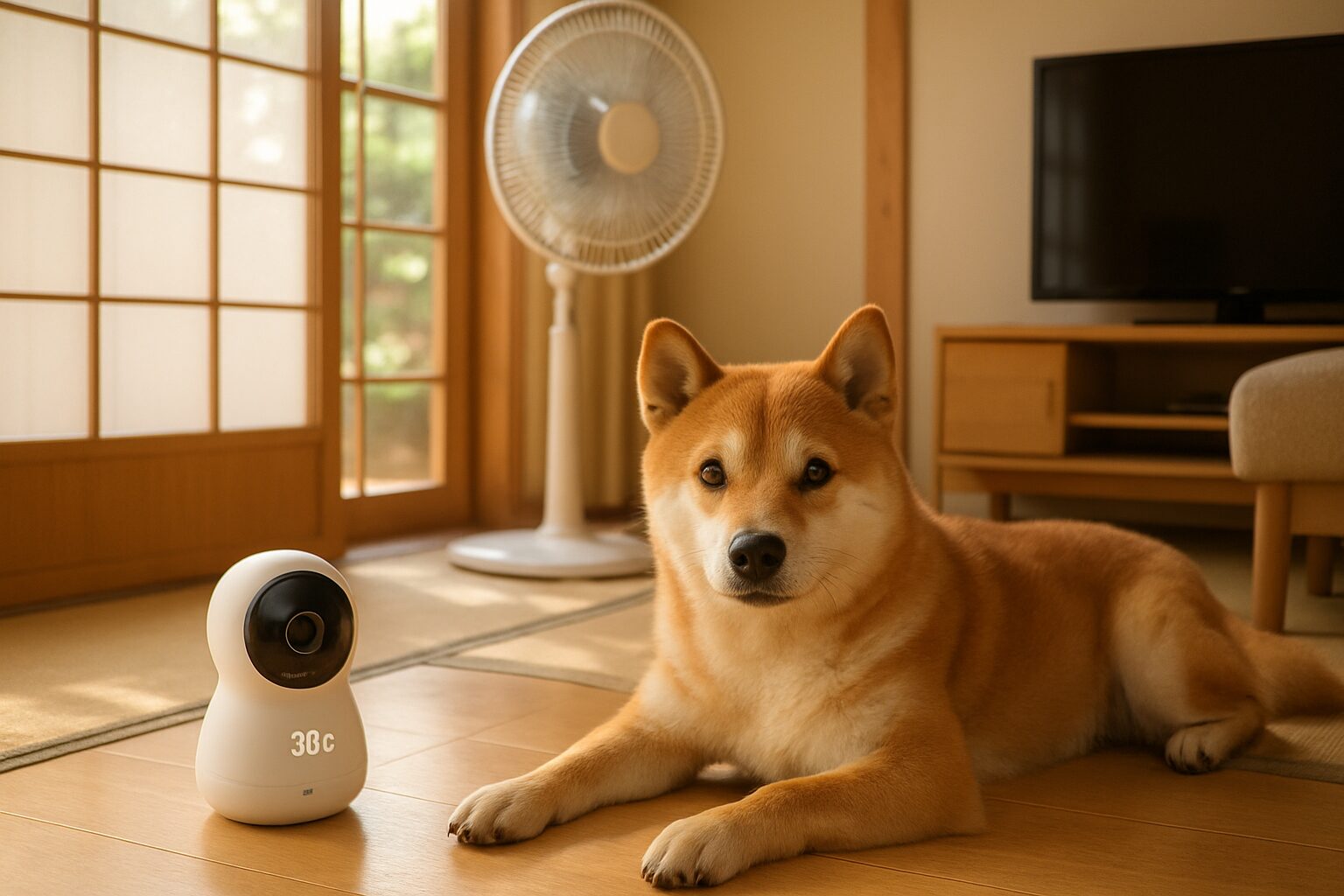 夏の室内でくつろぐ犬と温湿度センサー付き見守りカメラ