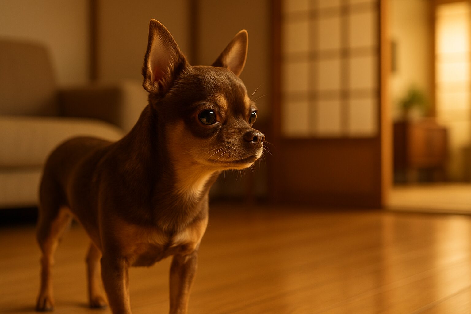 フローリングの上で首を少し前に伸ばして立つチワワ