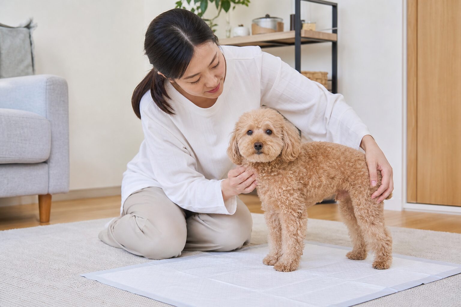 室内で愛犬のおしっこスペースを整える日本の飼い主