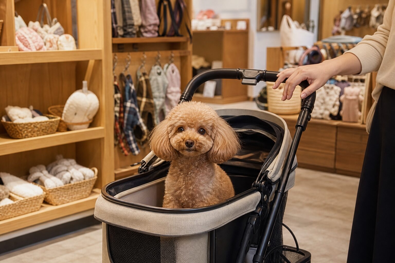 ペットカートに乗って入店するトイプードル