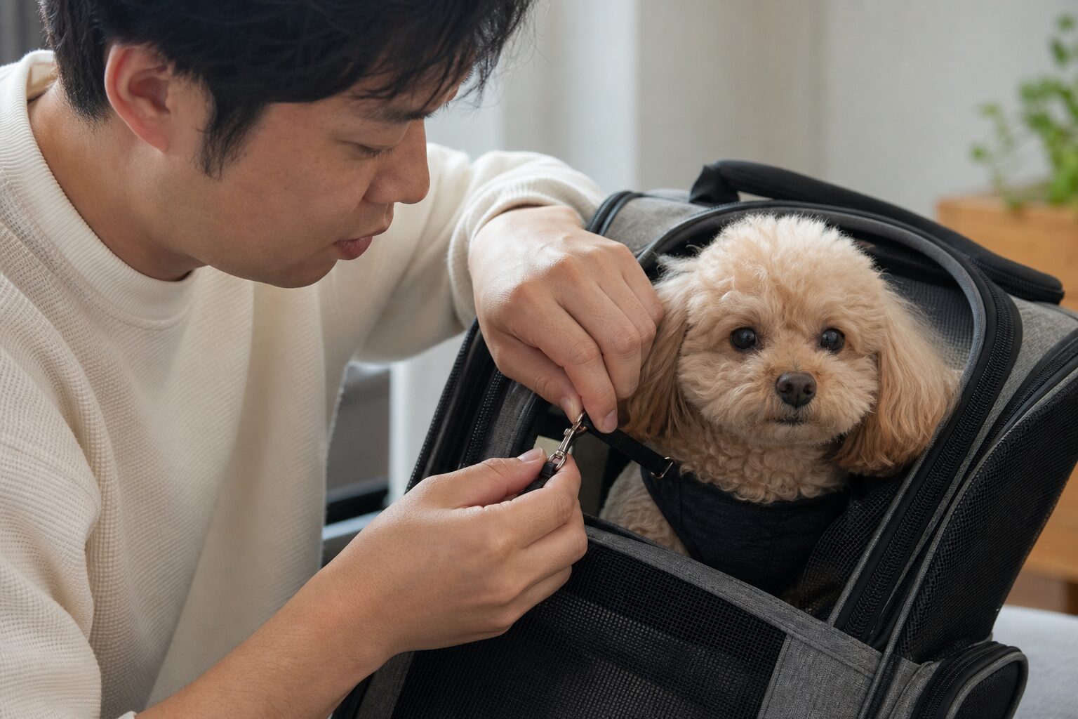 ペット用リュックのファスナーを閉じる日本の男性