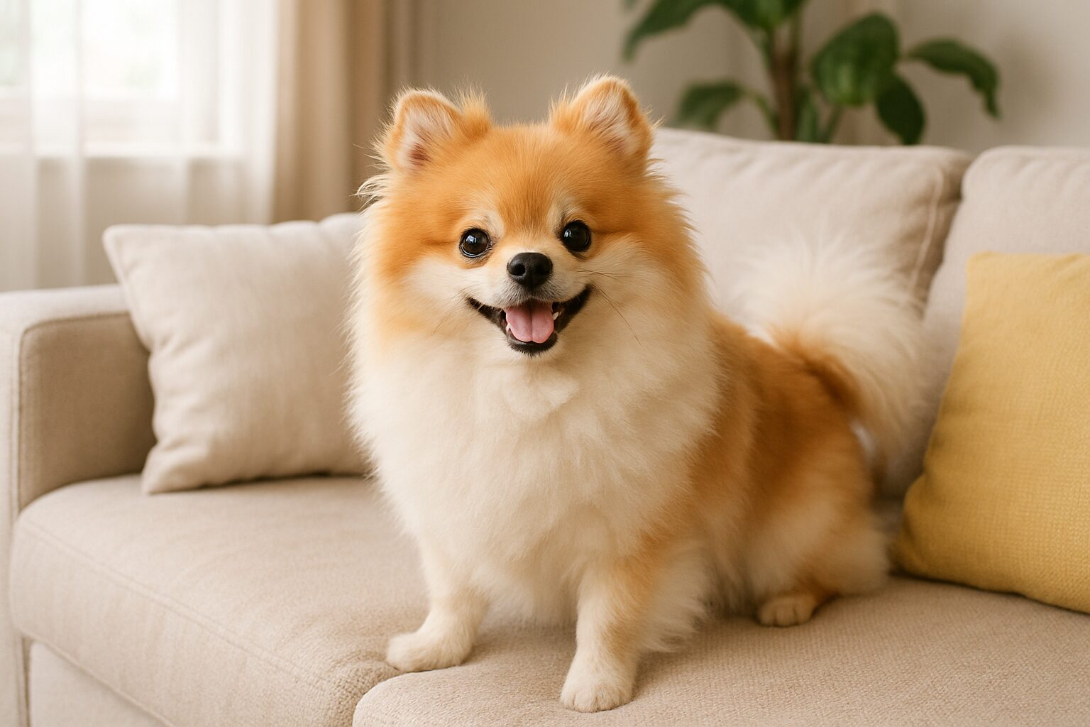 ソファの上で元気いっぱいに微笑むポメラニアン