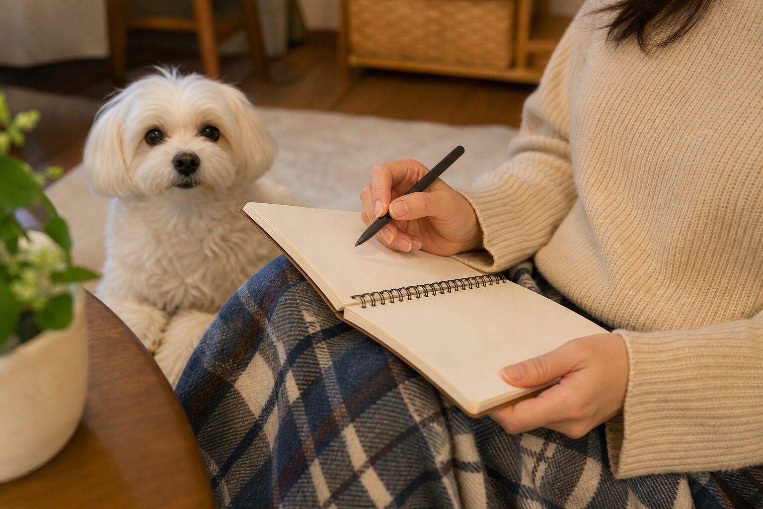 愛犬の健康状態をノートに記録する飼い主の手元