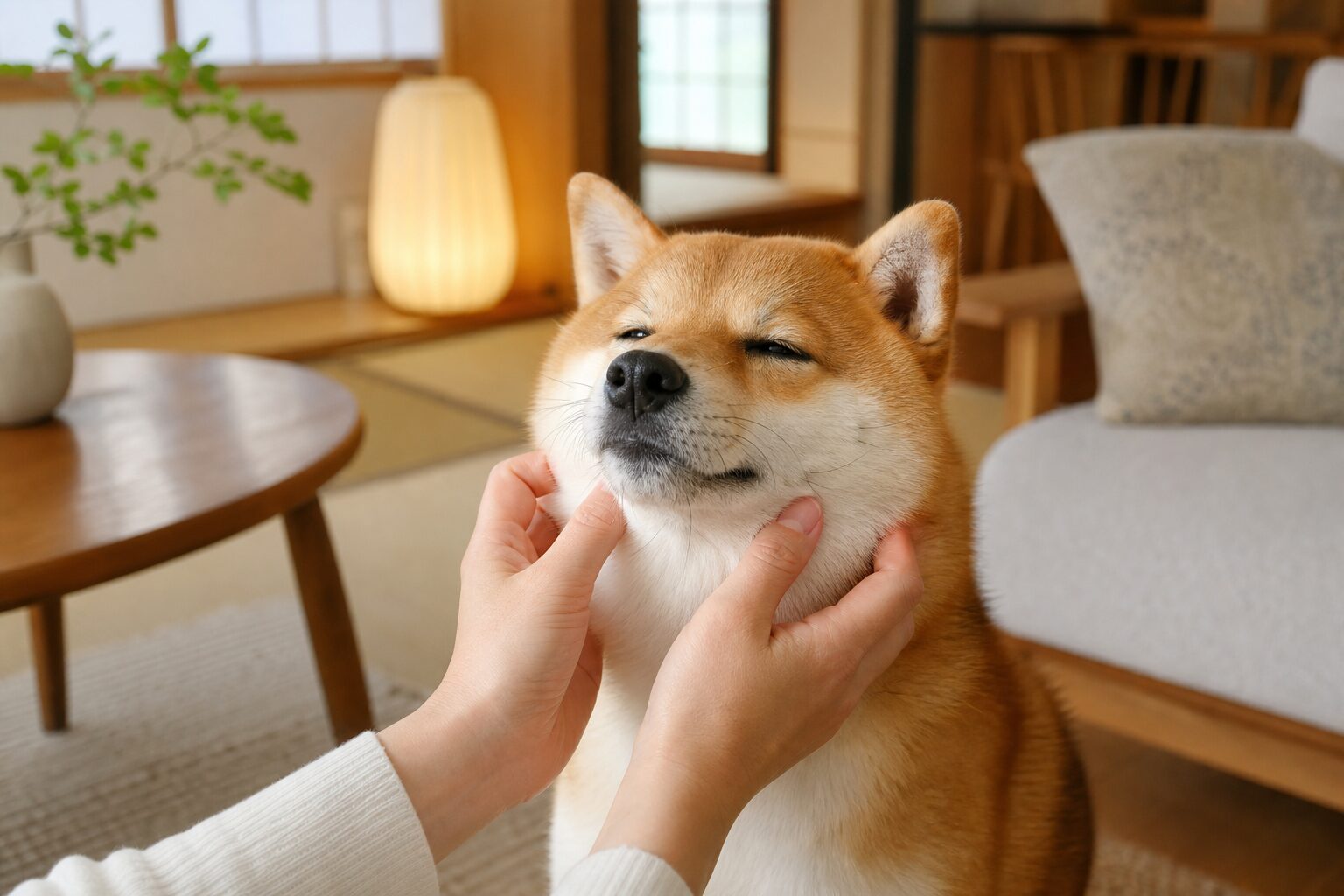 柴犬のアゴの下をやさしく撫でる飼い主の手元
