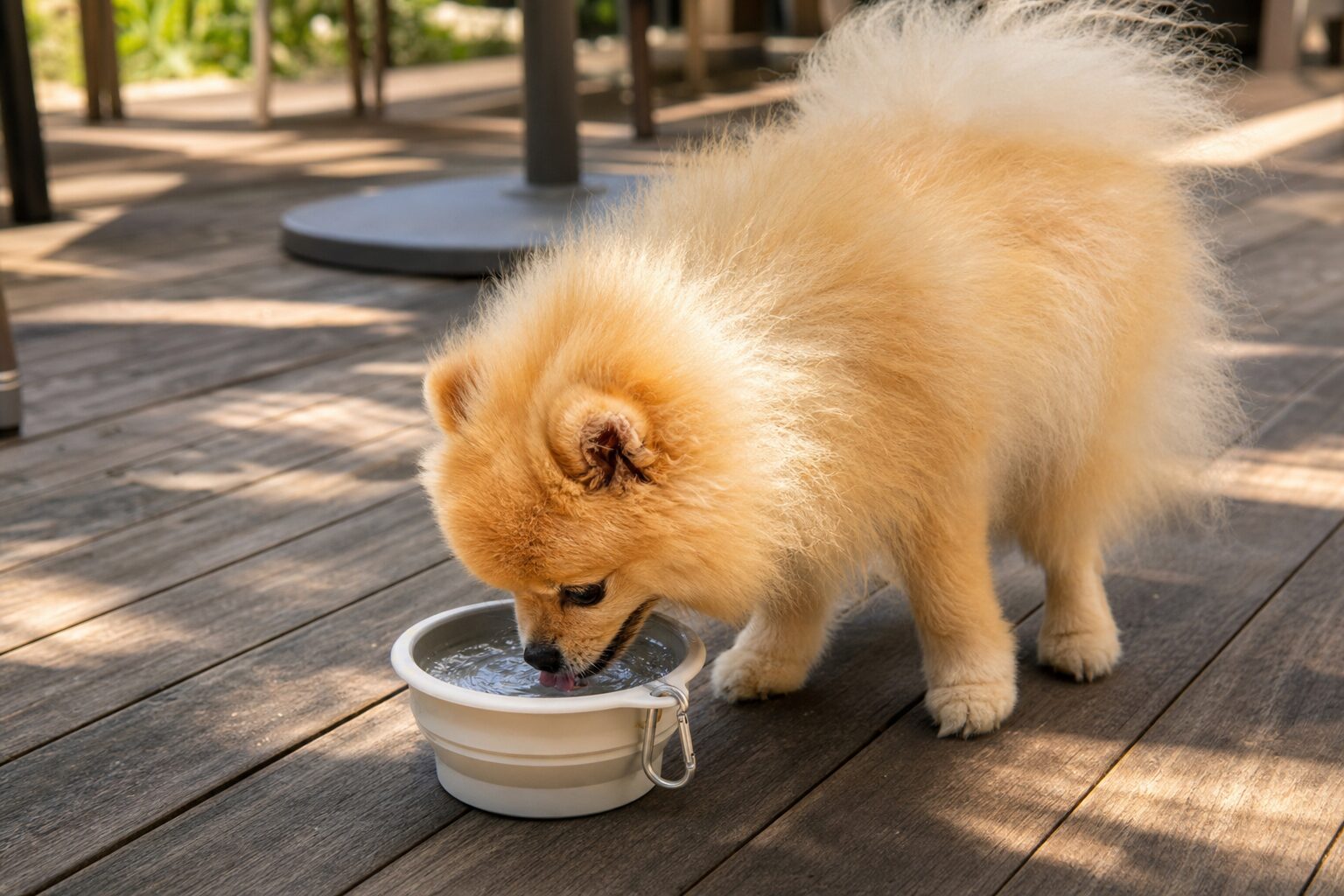 屋外のテラスで水分補給をするポメラニアン