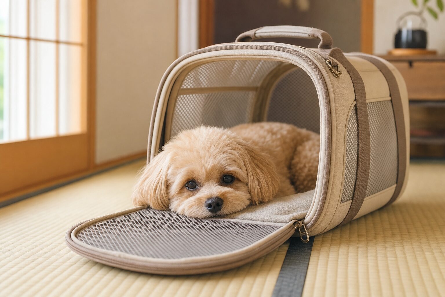 バッグの中で落ち着いて過ごす小型犬の様子