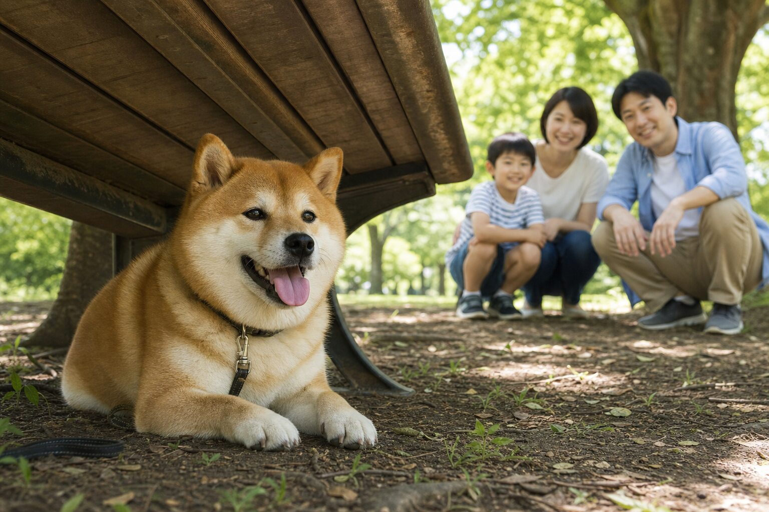 日陰のベンチ近くで涼む柴犬と微笑む日本の家族