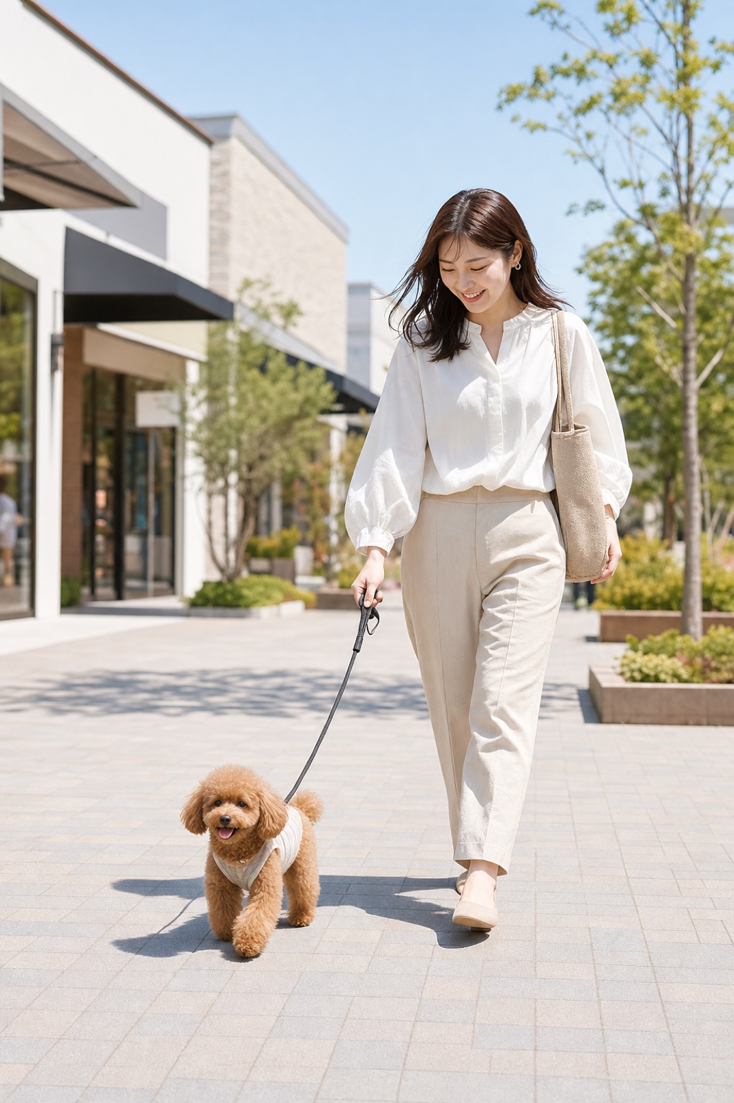 広いアウトレットの通路を愛犬と散歩する日本人女性
