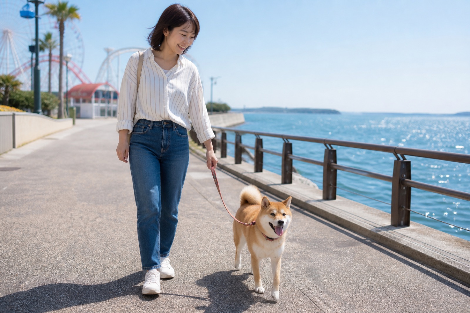 海沿いの遊歩道を笑顔で散歩する柴犬と飼い主の女性