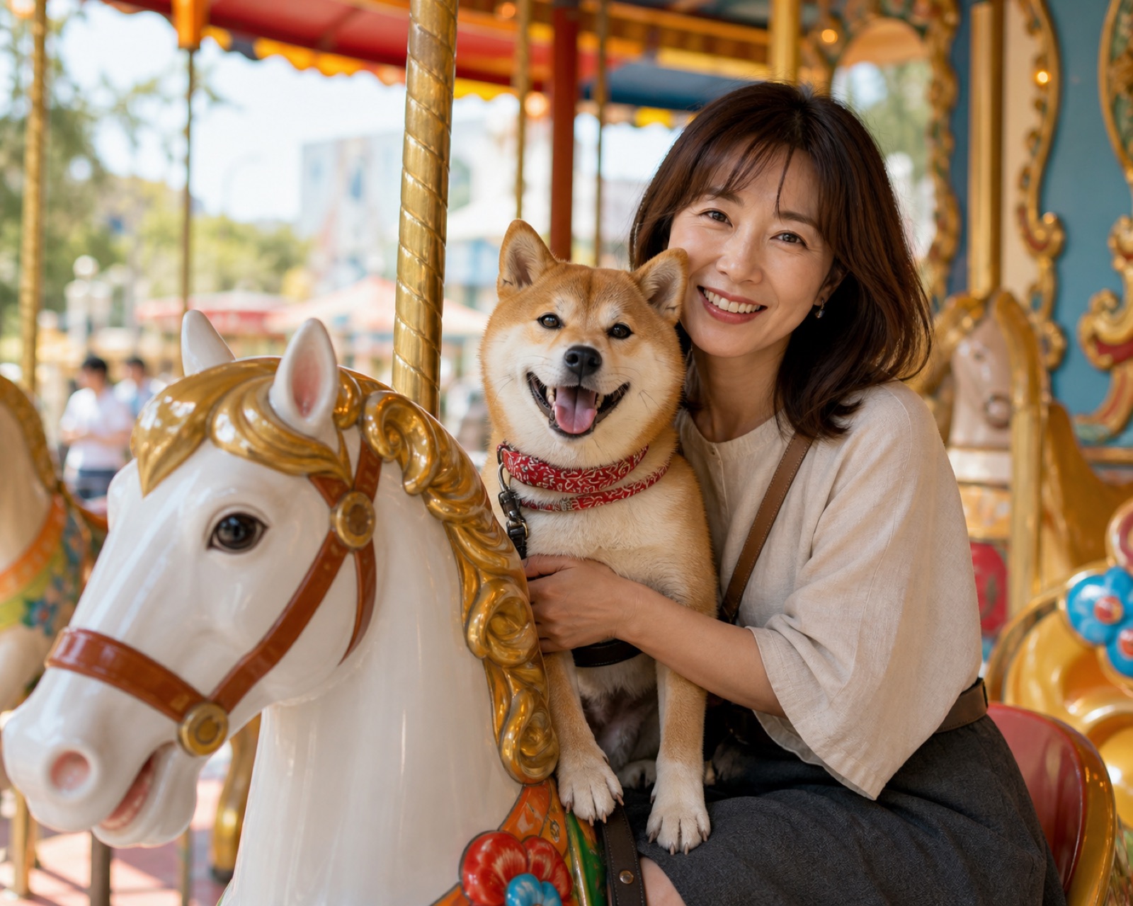 カルーセルなどのアトラクションを愛犬と一緒に体験する様子