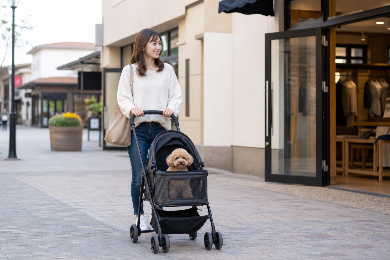 佐野アウトレットでペットカートに乗る犬とお買い物をする様子