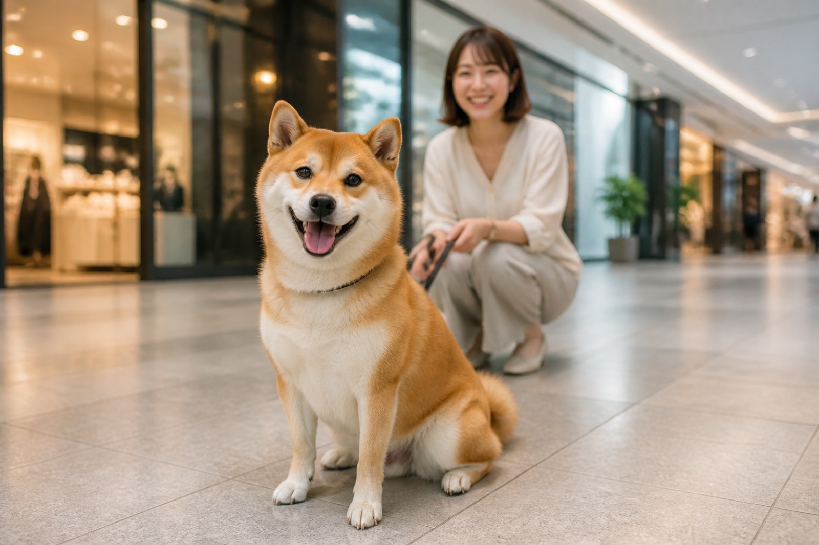 屋内の通路でお座りをする柴犬と笑顔の飼い主