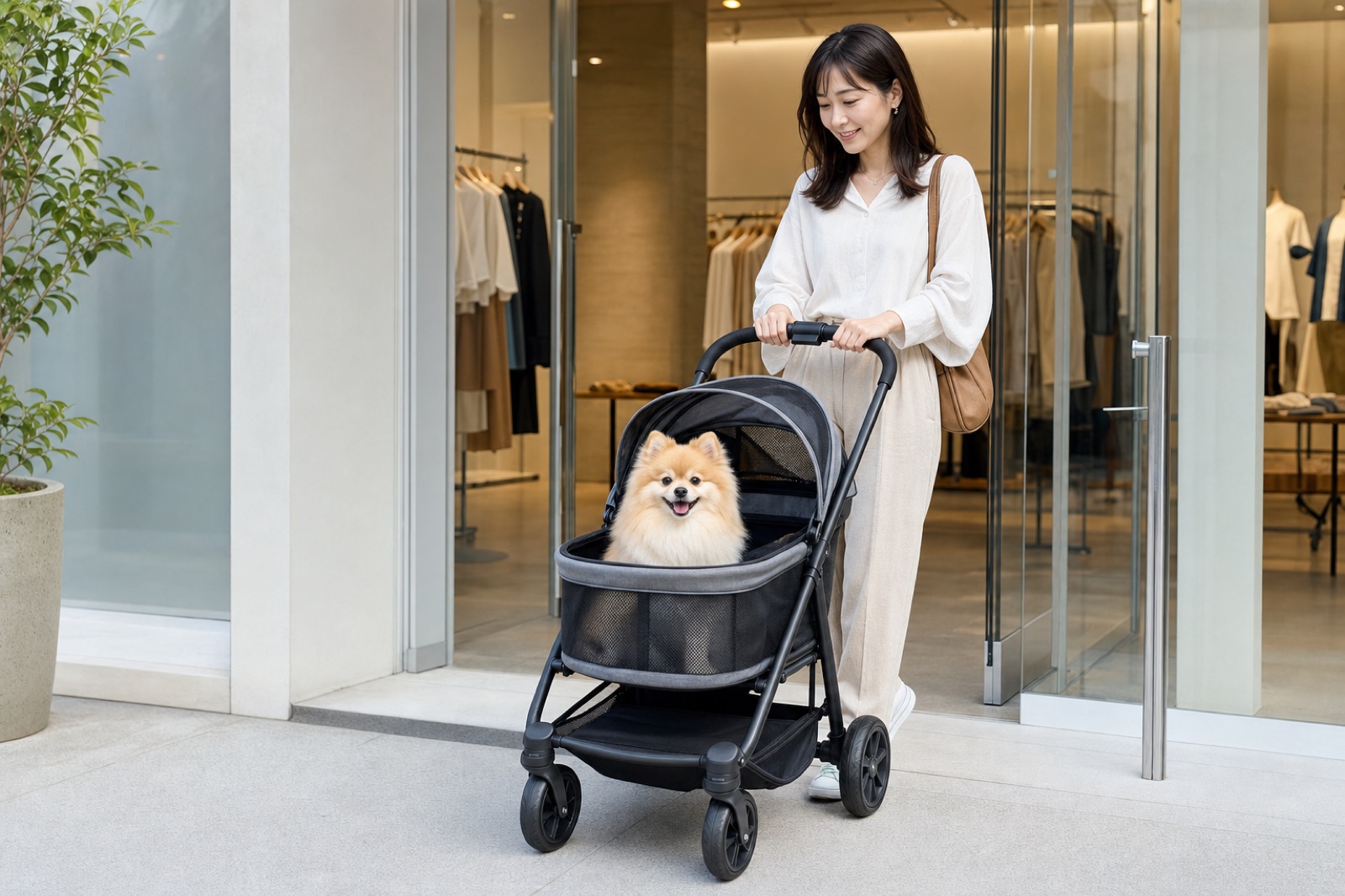 ドッグカートに乗った愛犬と店舗前を歩く飼い主
