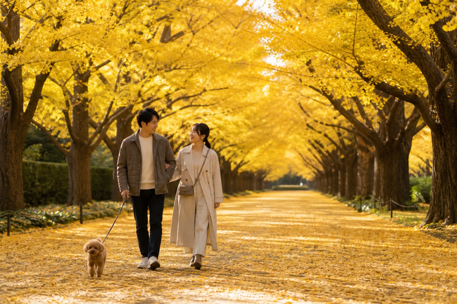 秋のイチョウ並木を愛犬と散歩する様子