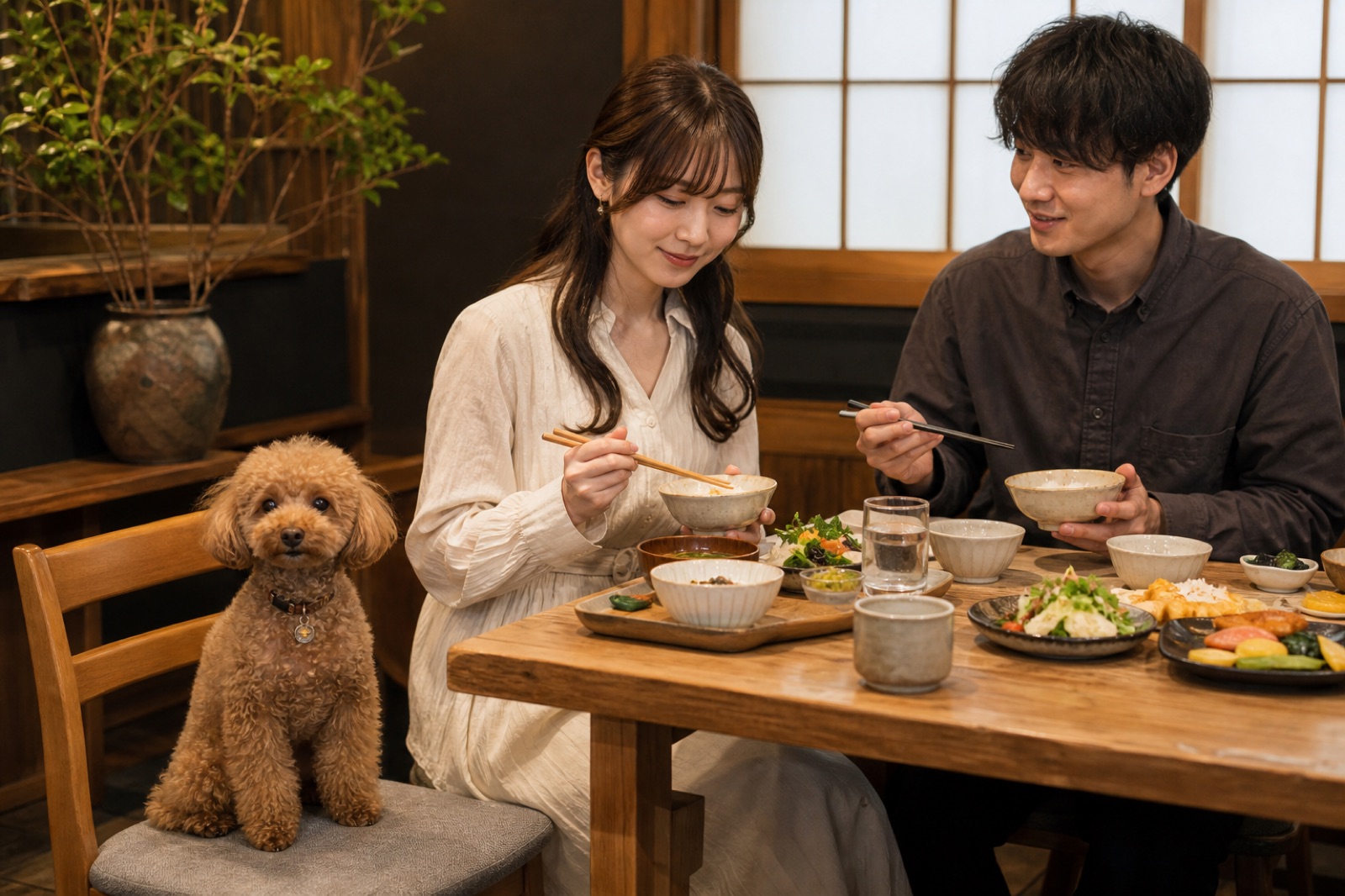 ペット同伴可のカフェで食事を楽しむトイプードルと飼い主