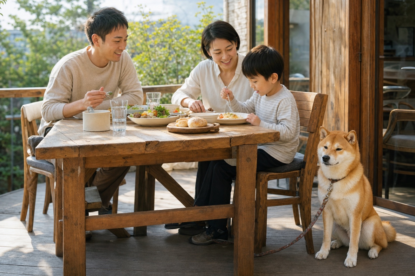 テラス席で愛犬と一緒にランチを楽しむ日本人家族