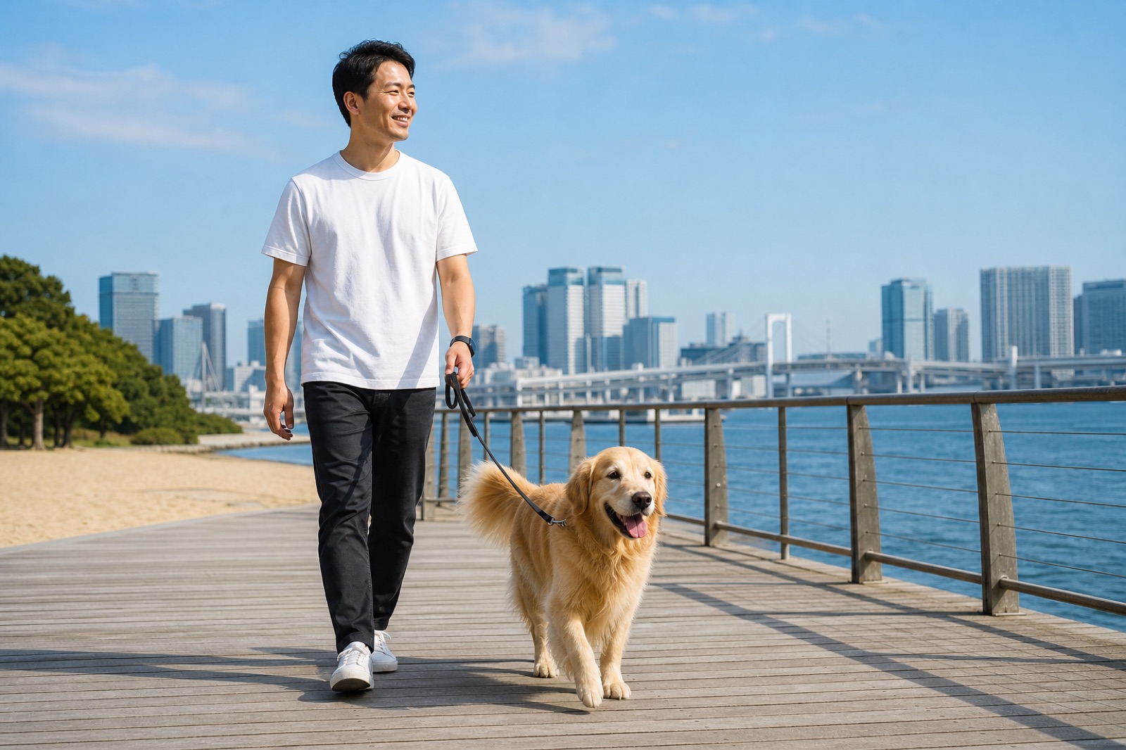 お台場のデッキを散歩するゴールデンレトリバーと飼い主