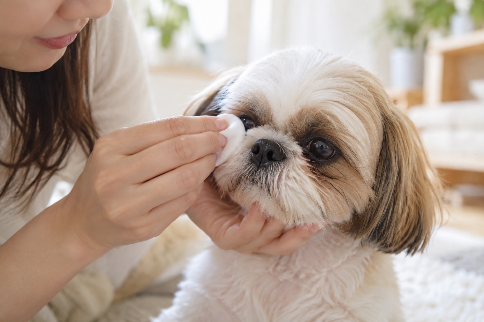 コットンで犬の目もとをやさしく拭いている飼い主の手元