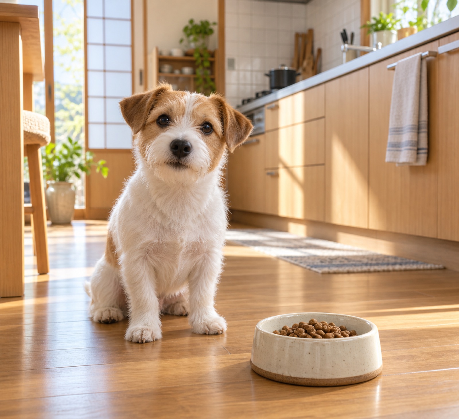 ドッグフードの器のそばで待つ小型犬