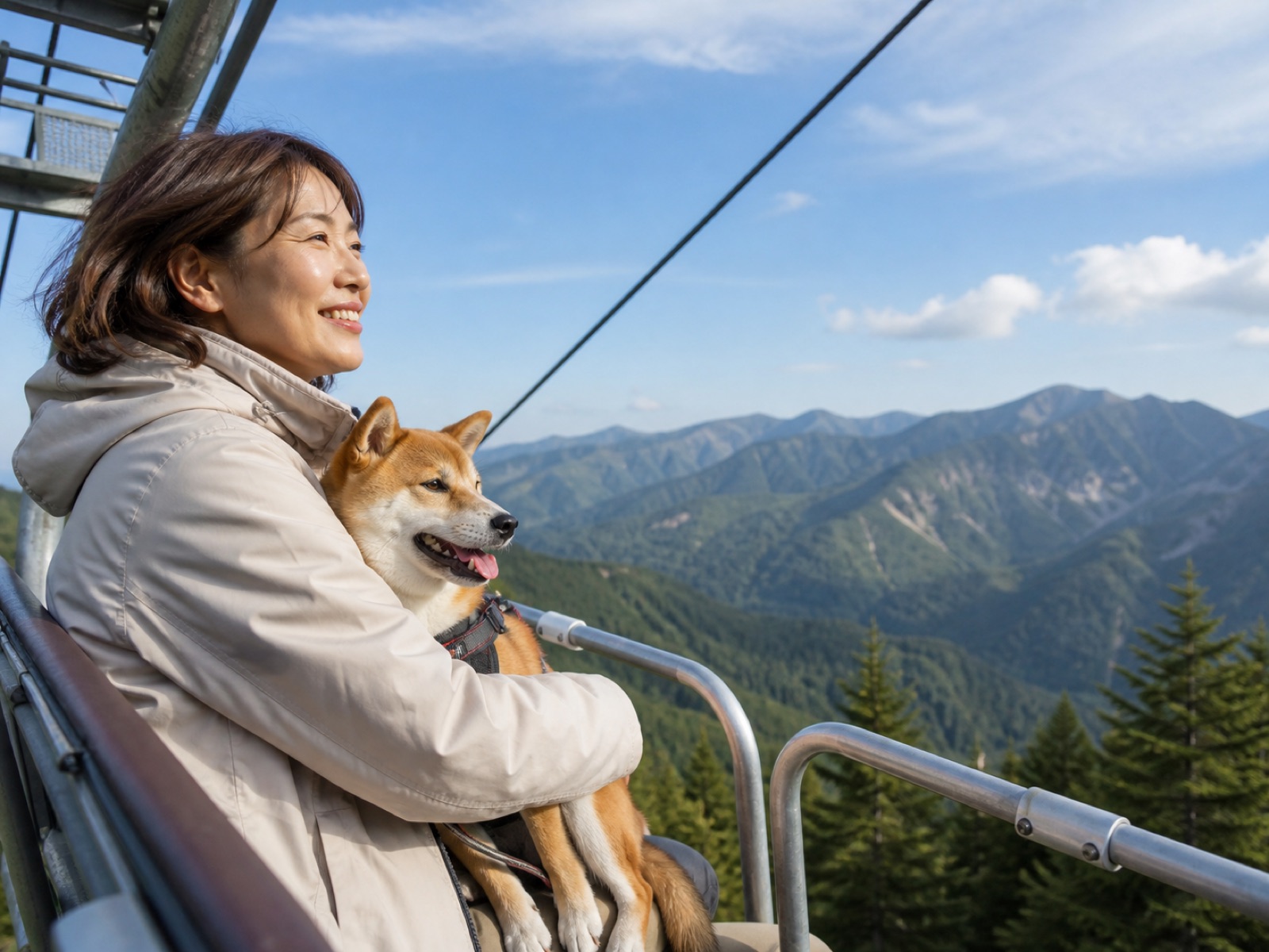 さがみ湖MORI MORIのリフトを愛犬と楽しむ女性