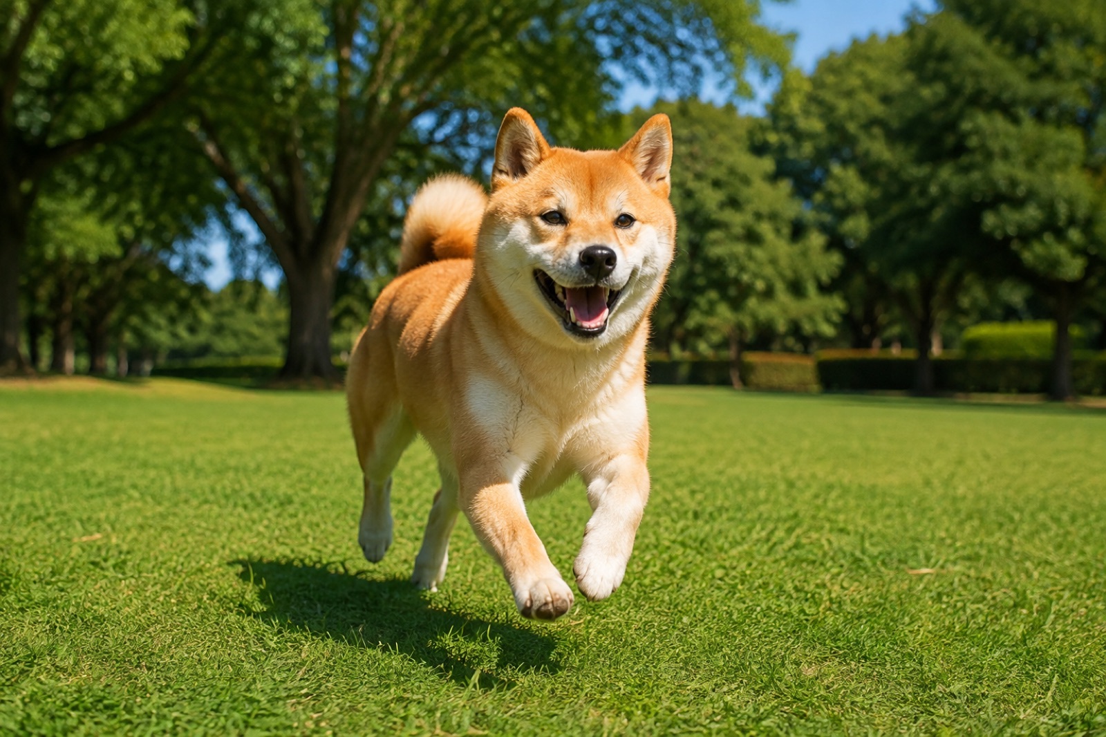 芝生のドッグランを元気に走る柴犬の様子