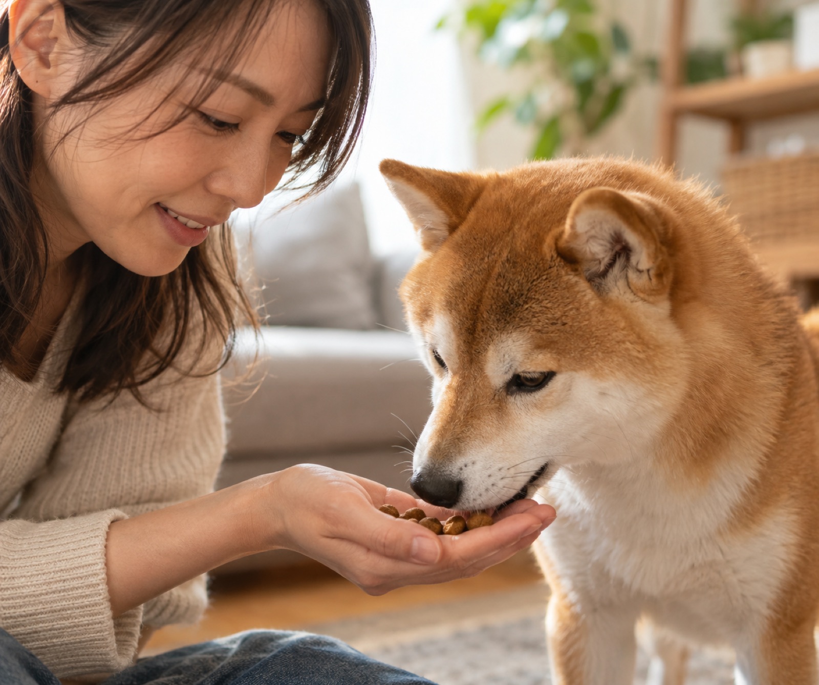 自宅で愛犬の柴犬にドッグフードを与える日本の女性