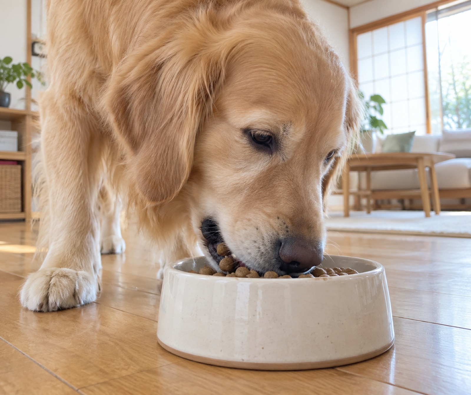 大きな粒のフードを食べるゴールデンレトリバー