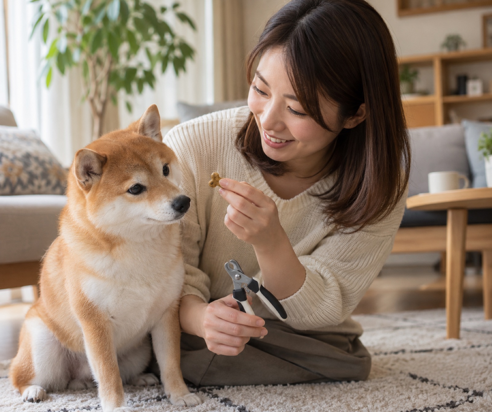 犬に優しく爪切りを見せる日本の女性