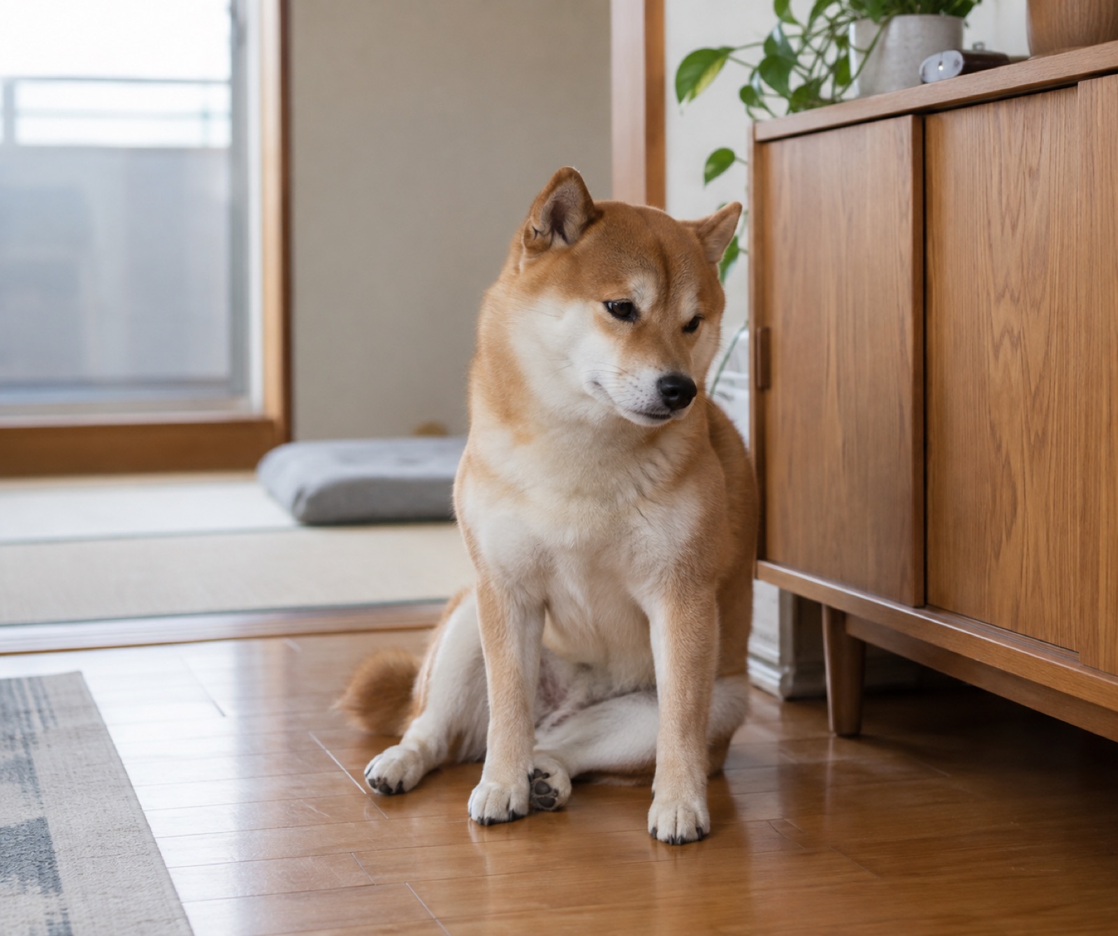 退屈そうに室内で過ごす柴犬