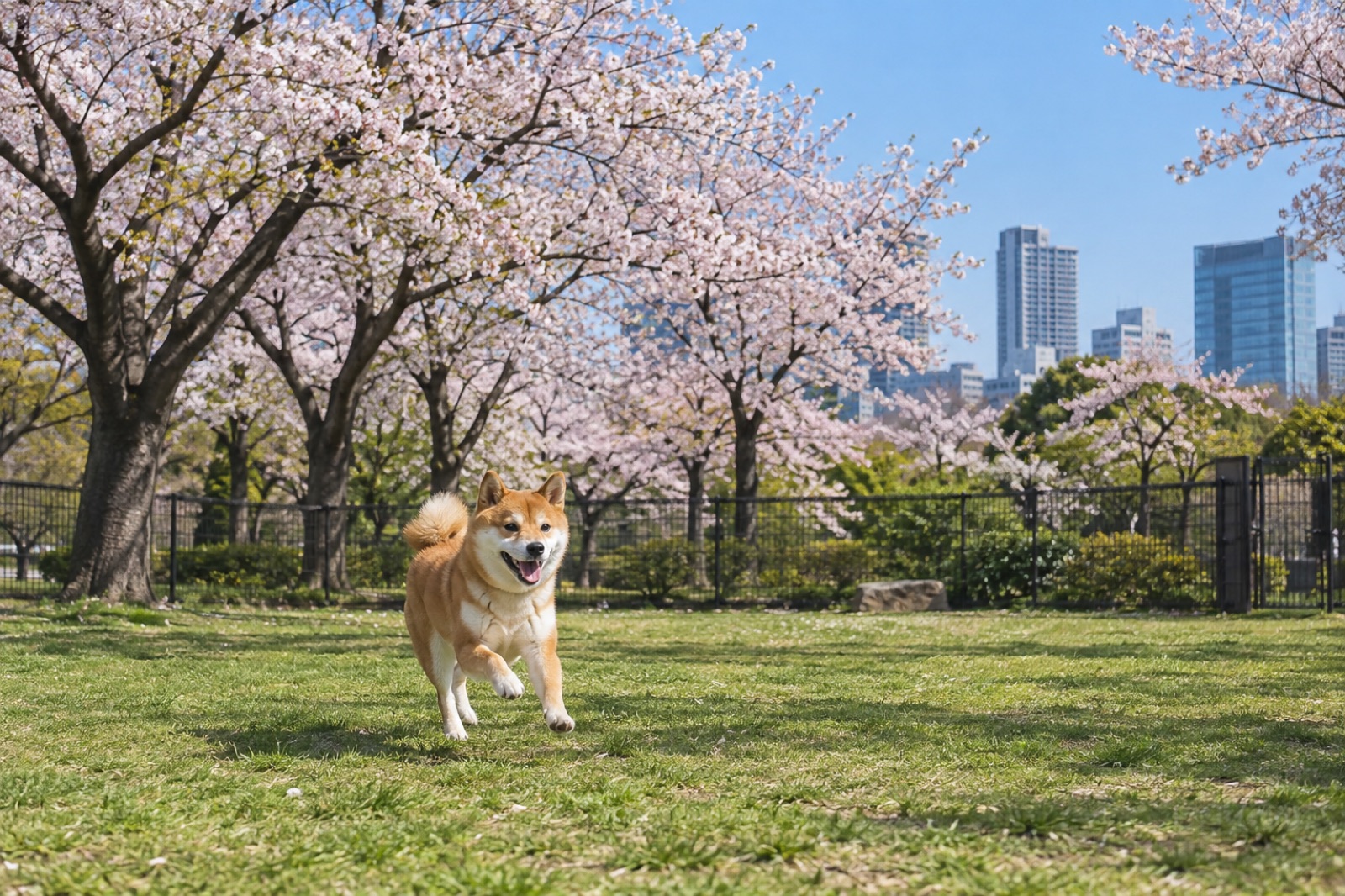 駒沢公園ドッグランの緑豊かなエリアを元気に走る柴犬