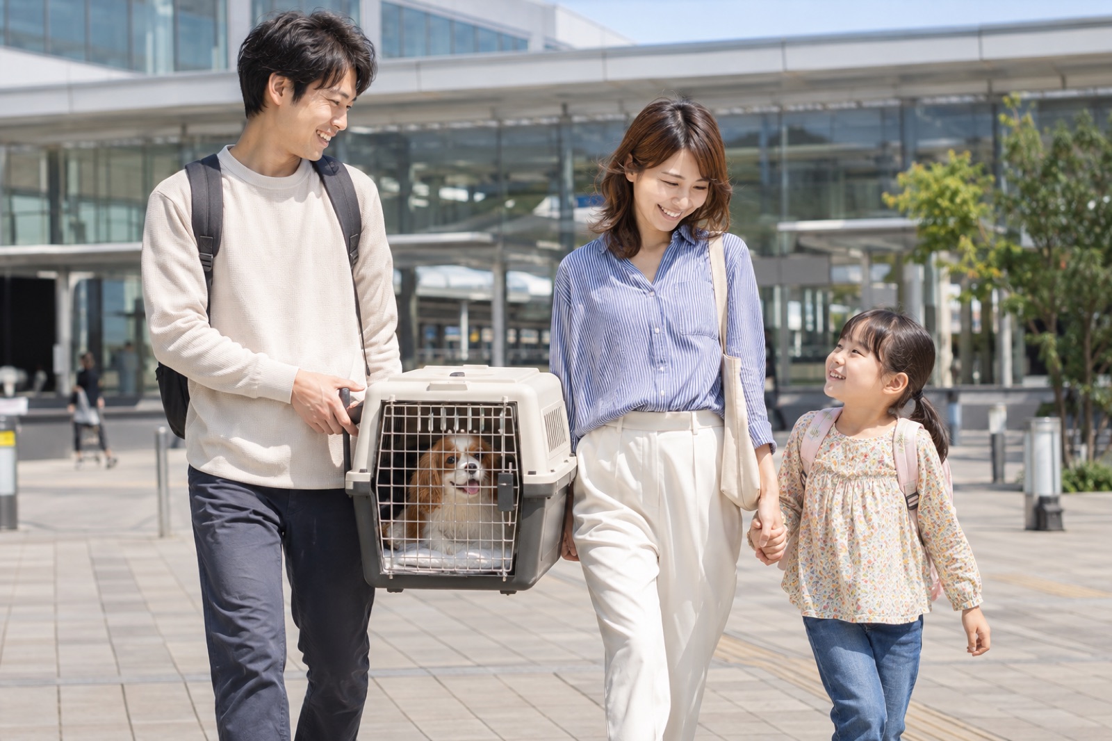 犬用のキャリーバッグを持って移動する飼い主の様子