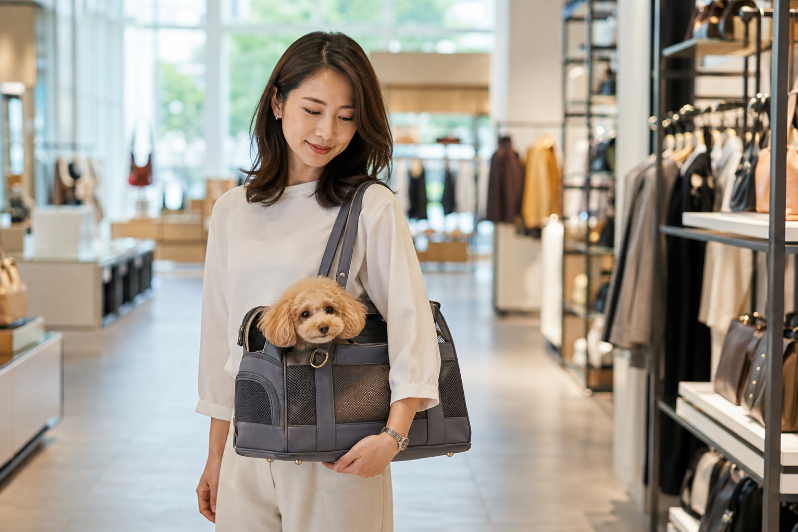 ペットバッグに入った愛犬と買い物をする女性