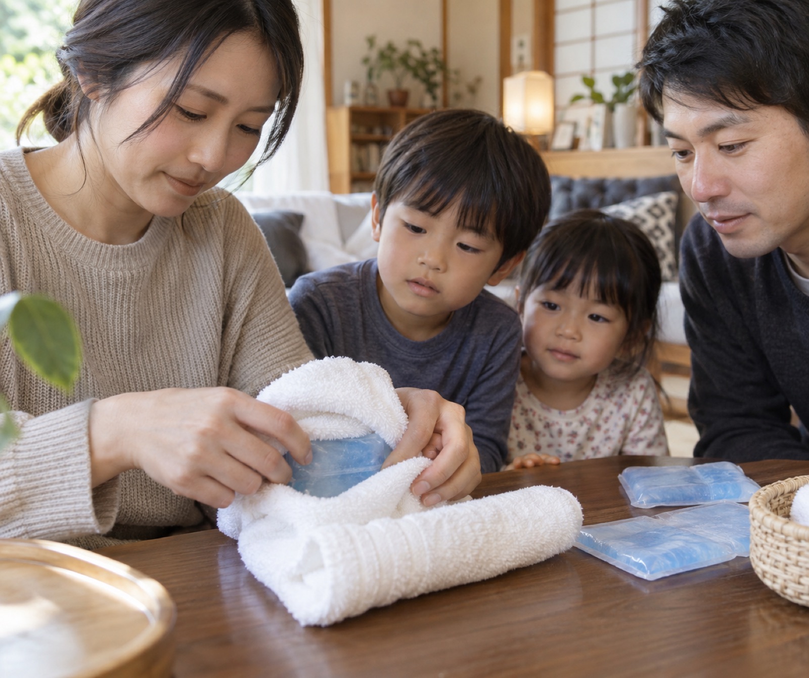保冷対策を準備する丁寧な家族の手元