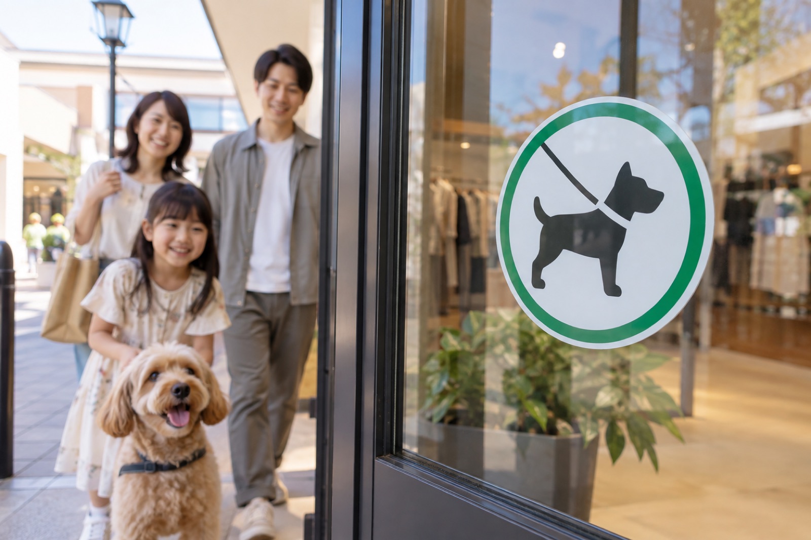 店舗の入り口に貼られたペット同伴OKを示すステッカーのイメージ