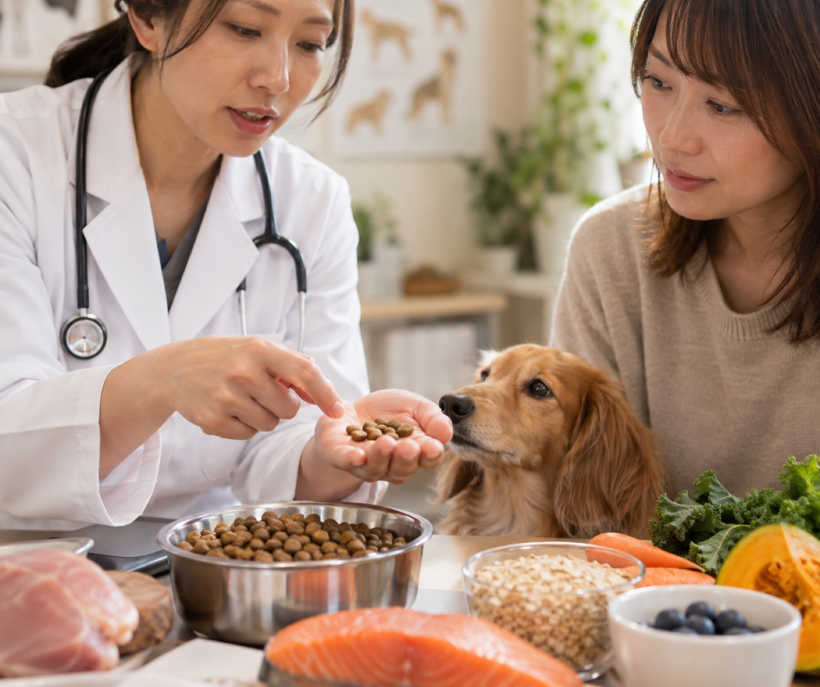 獣医師がドッグフードの原材料を説明する様子