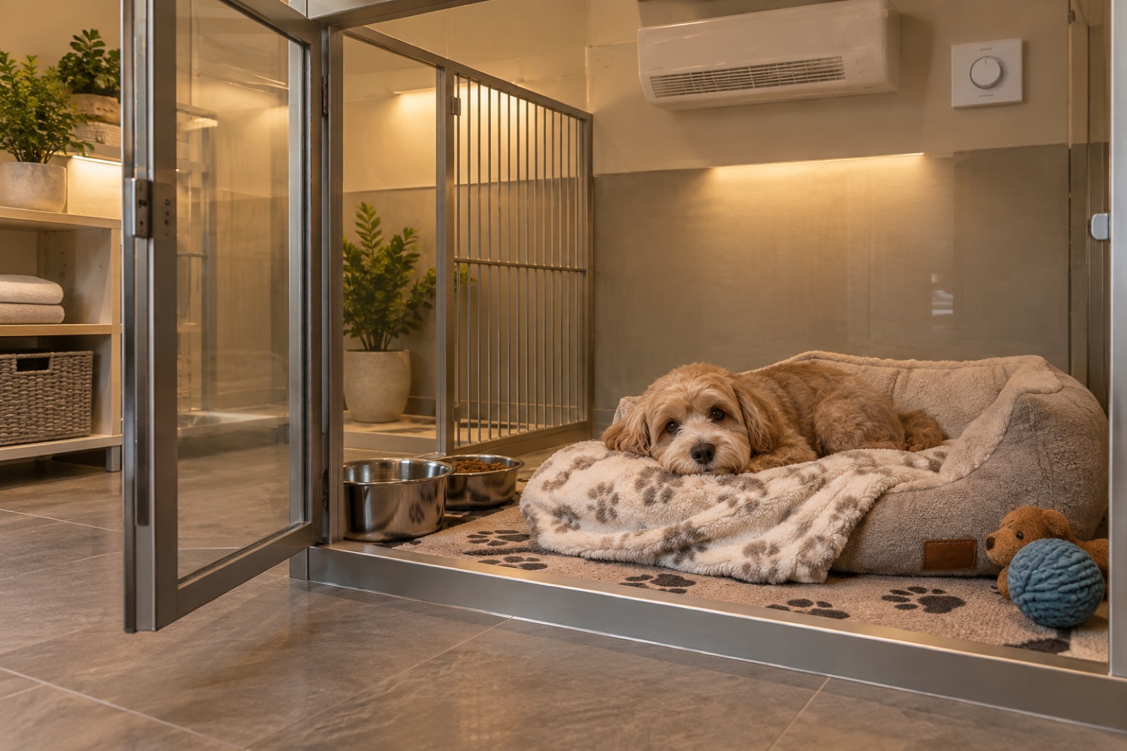 空調管理された清潔な室内で落ち着いて過ごす犬