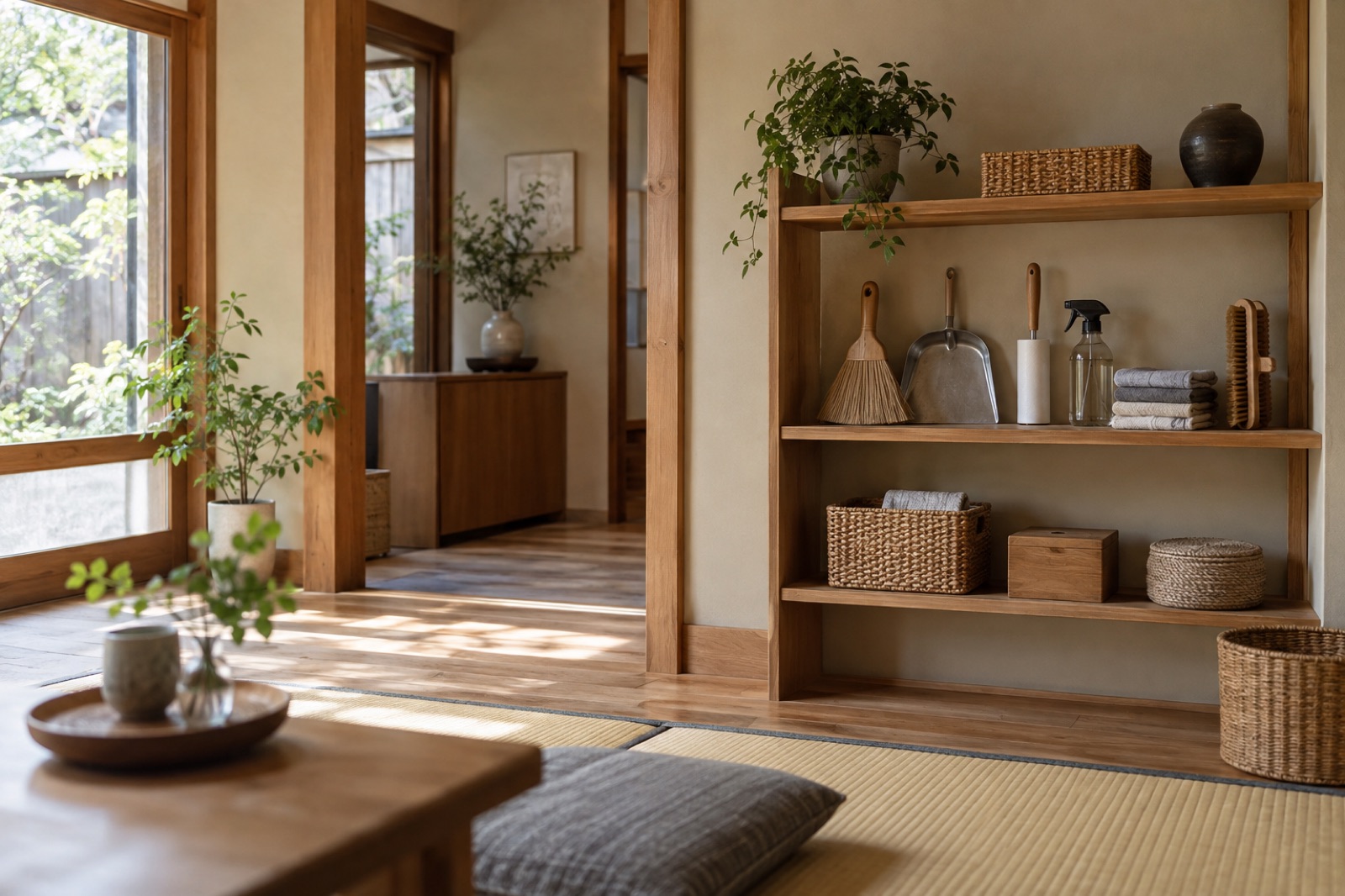 部屋の棚にすっきりと収納された掃除道具