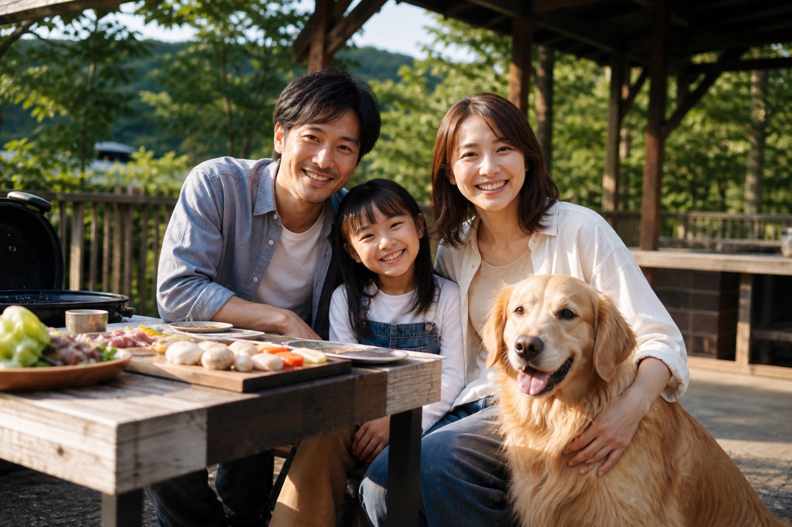 愛犬と一緒に野外でバーベキューを楽しむ日本の家族