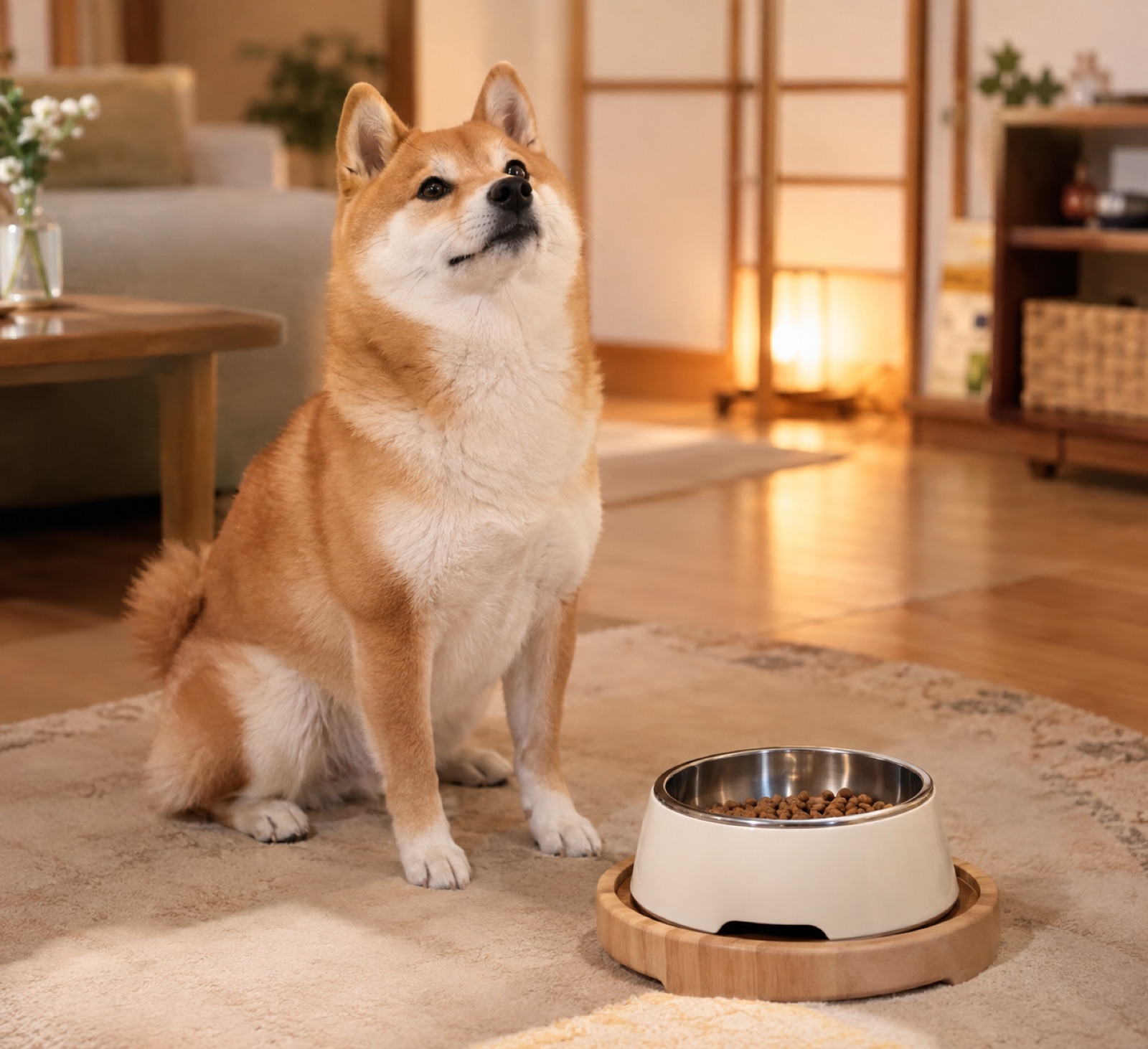 食事を楽しみにお皿の前で待つ健康的な柴犬