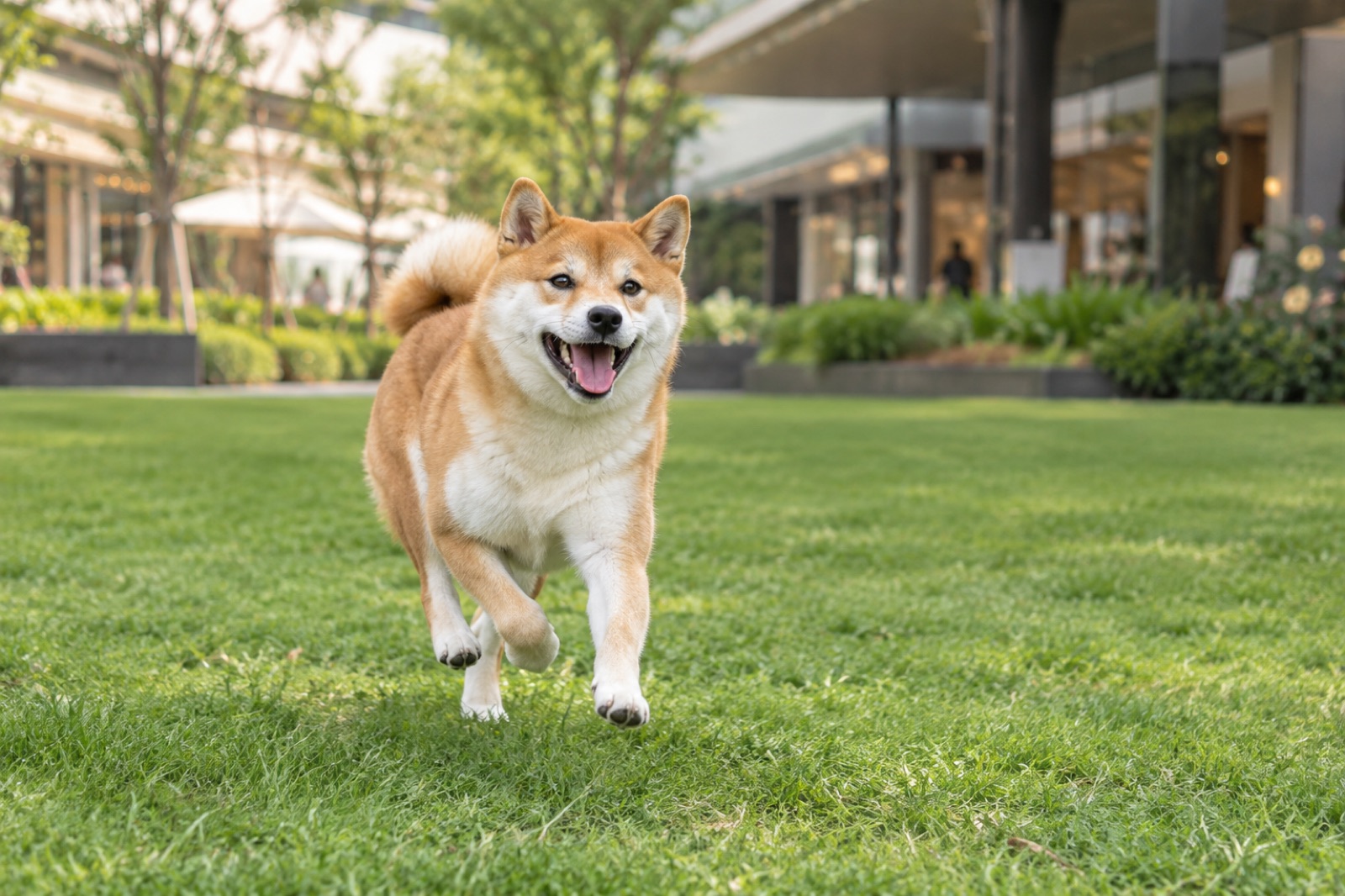 緑豊かな芝生エリアで楽しそうに過ごす愛犬の姿