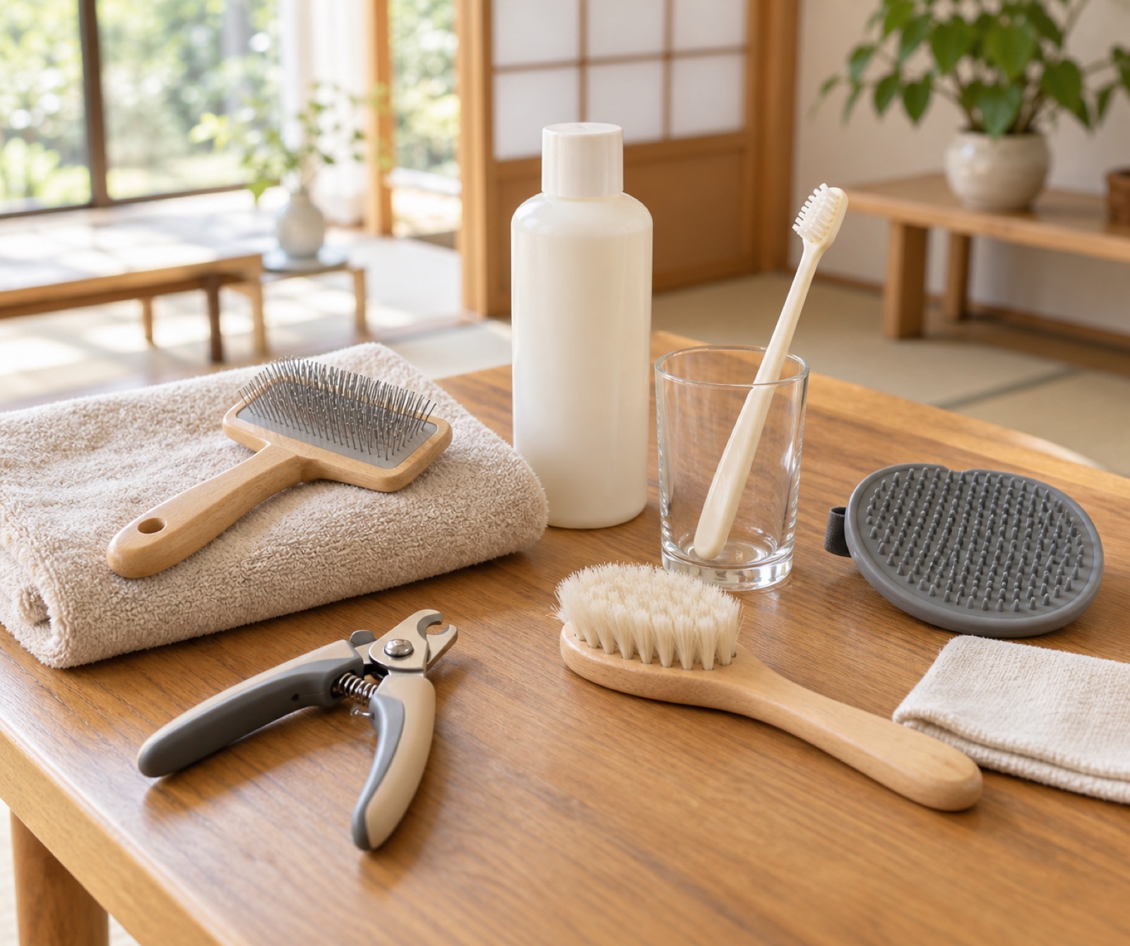 木製のテーブルに並べられた犬用のお手入れ道具