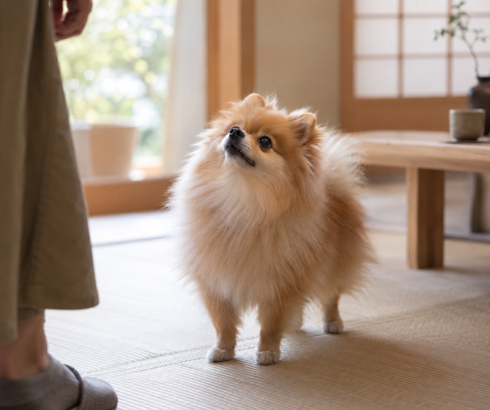 飼い主を見上げてかまってほしそうにする犬