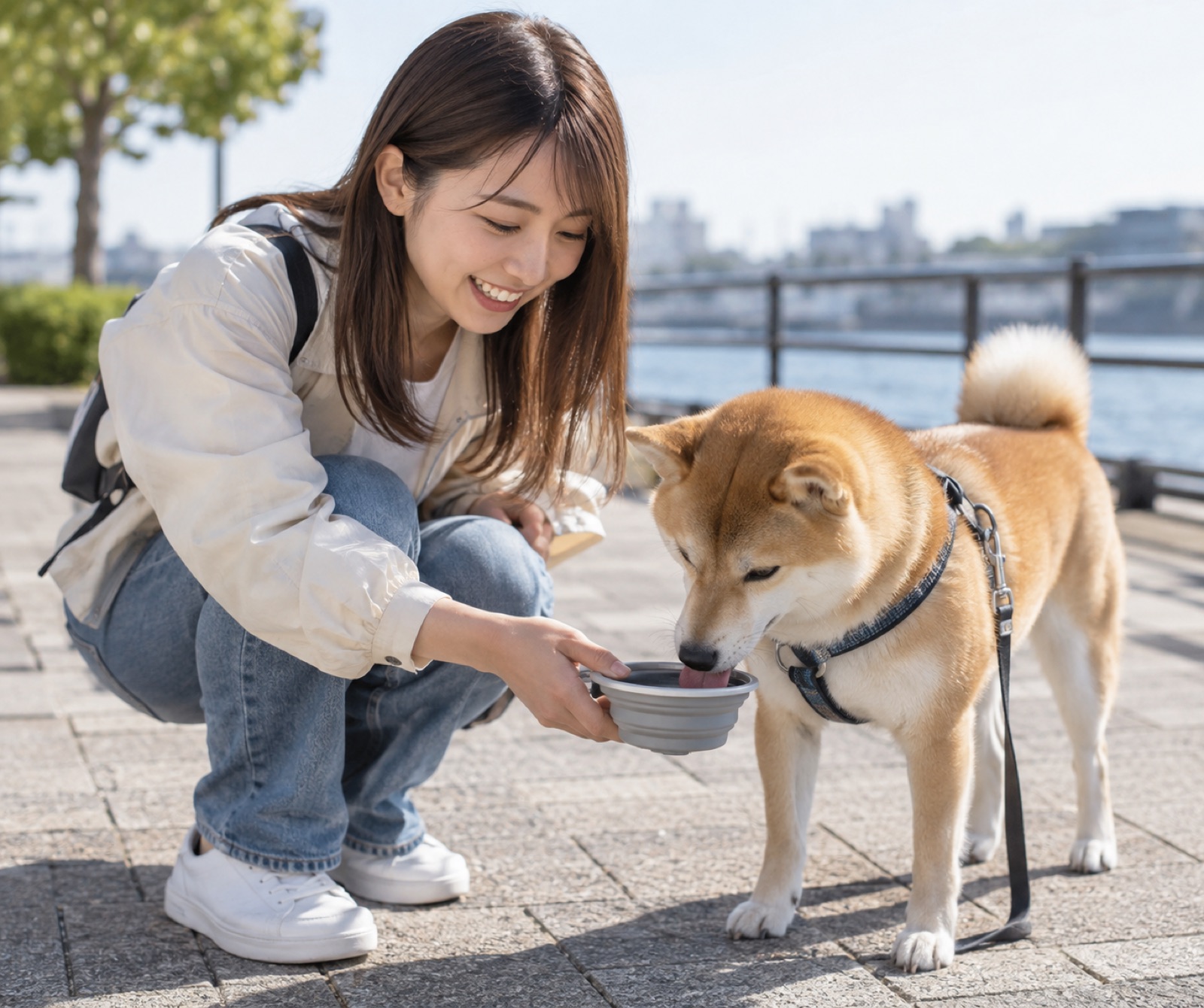 屋外で愛犬に優しく水を飲ませる日本人女性