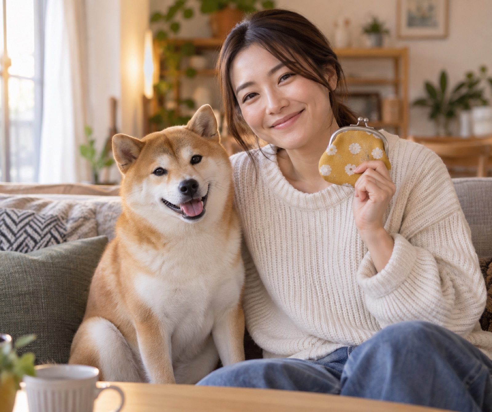 愛犬の隣で財布を手に微笑む日本人女性