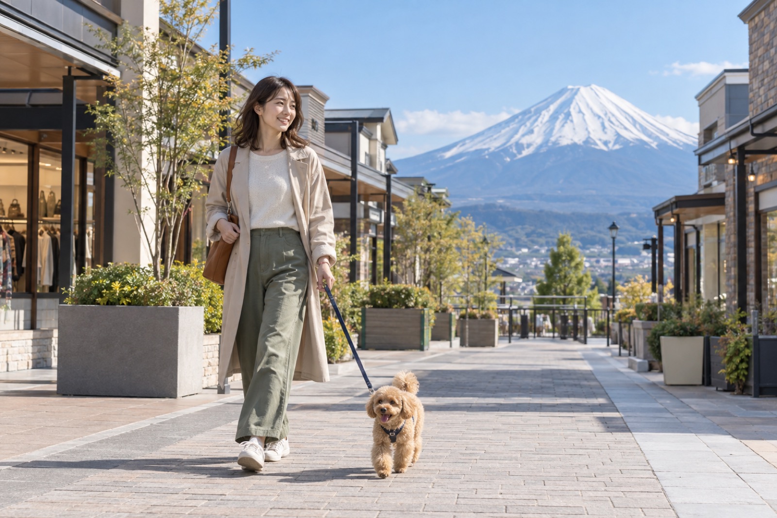 富士山を背景にアウトレットを散歩する飼い主と犬