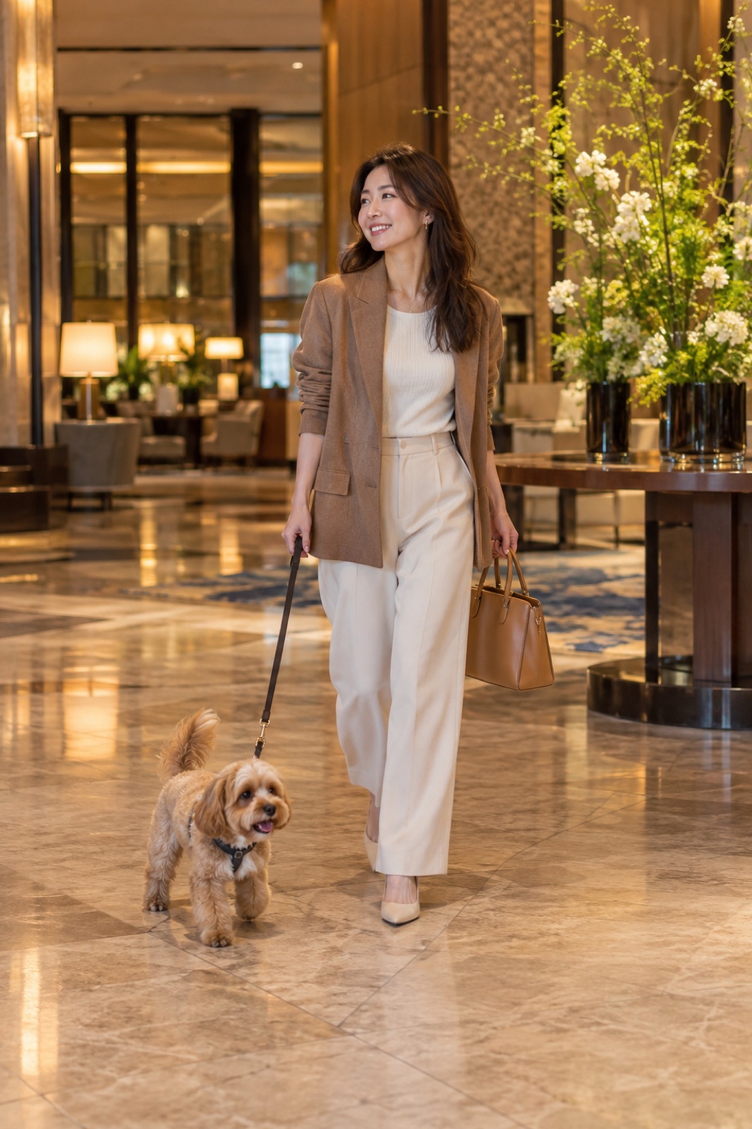ホテルロビーを犬と歩く女性